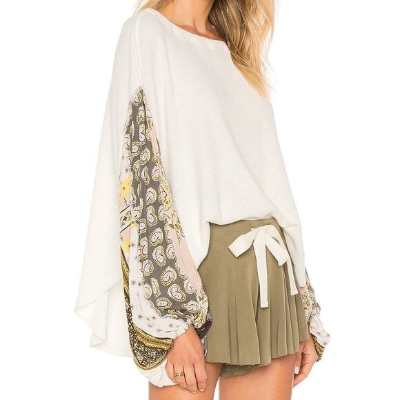 We the Free Blossom Thermal Top Size XS Ivory Patchwork Sleeve Boho Waffle Knit - Picture 1 of 12